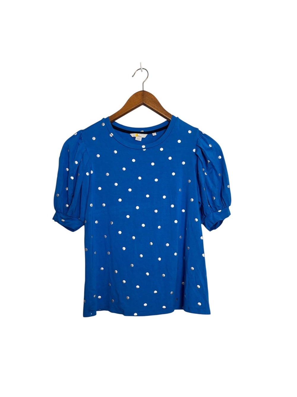 Boden Blue Silver Polka Dot Holly Puff Sleeve Jersey Short Sleeve Top - Picture 2 of 6